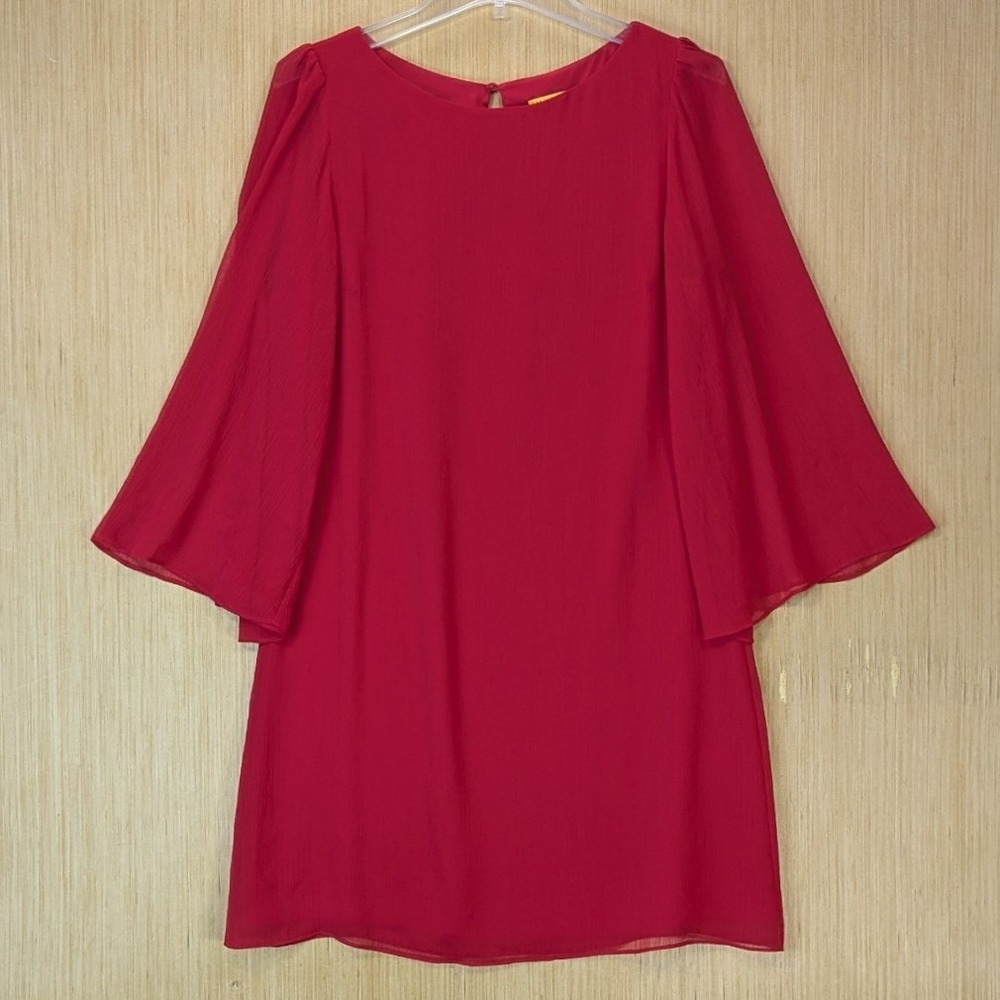Alice + Olivia Womens Festive Sheer Shift Dress Size M Red Bell Sleeve Party